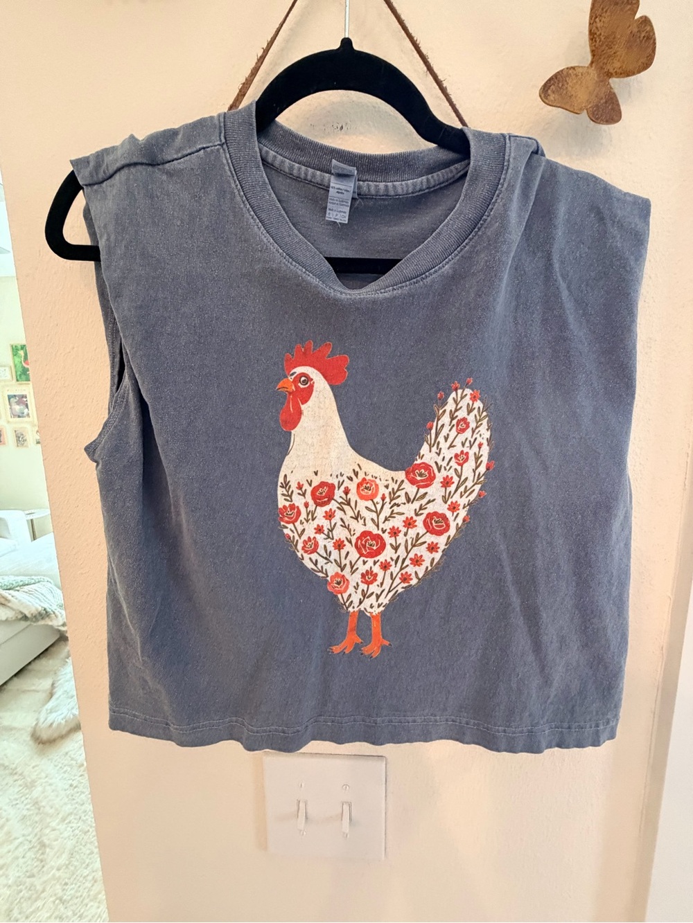 American Apparel Gray Tank with Floral Rooster Graphic